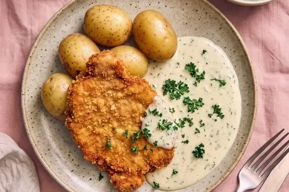 Paneret flæsk med persillesovs, syltet glaskål og kogte kartofler — RetNemts eget foto