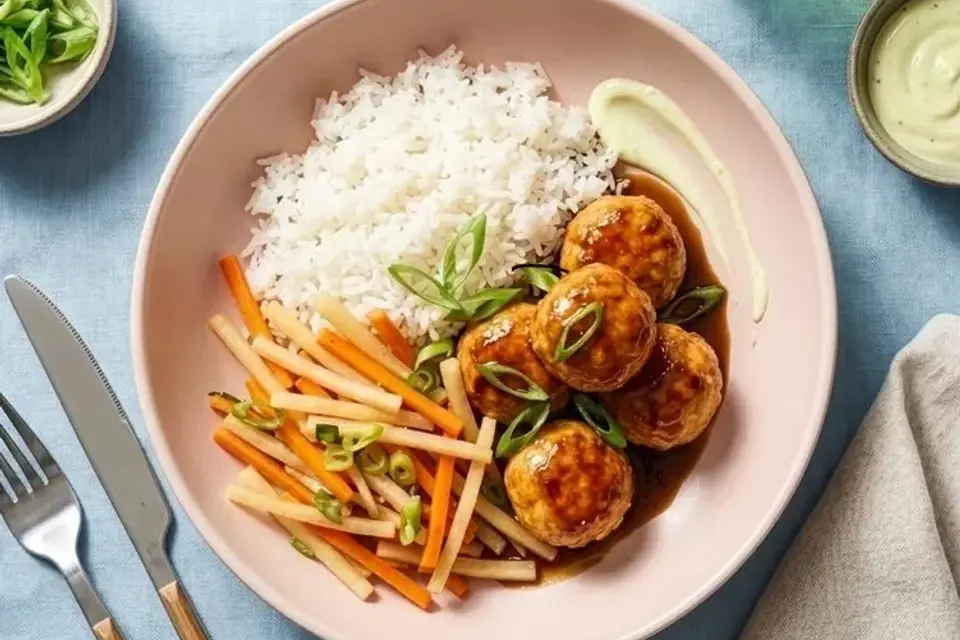 Kyllingedeller i hoisin med lun daikon-salat og ris — RetNemts eget foto