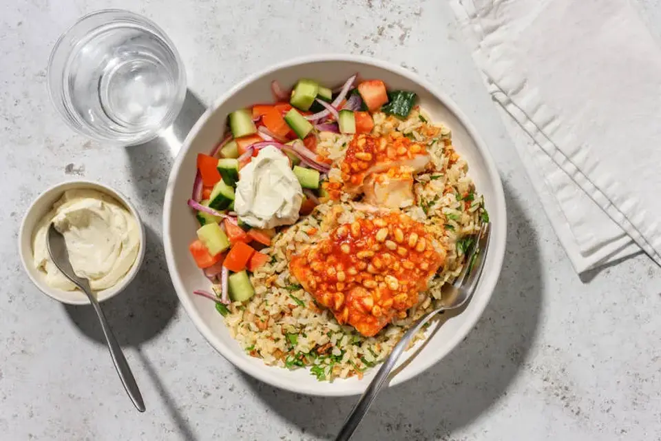 Harissa- og pinjekernetoppet torsk — HelloFreshs eget foto