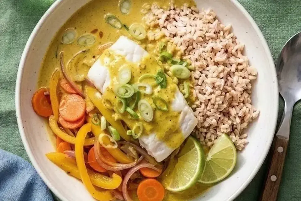 Hvid fisk i karrysauce med grøntsager, lime og fuldkornsris — RetNemts eget foto
