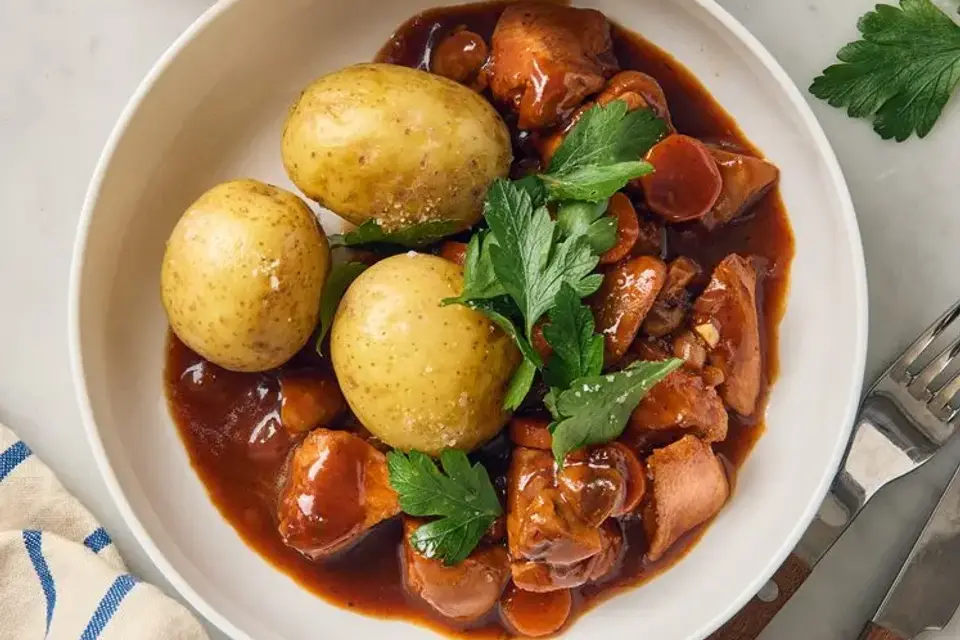 Fransk kyllingegryde med svampe, kogte kartofler og persille — RetNemts eget foto