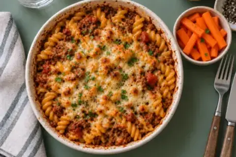Gratineret onepot pasta med oksekød, ost og gnave gulerødder