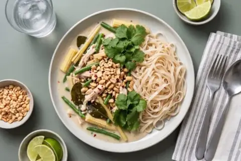 Tom Ka Gai med nudler og peanuts