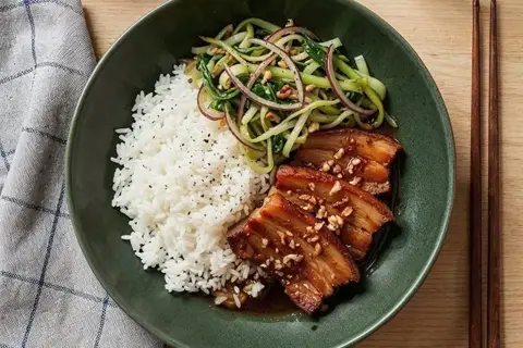 Asiatisk glaseret flæsk med pak choy og ris