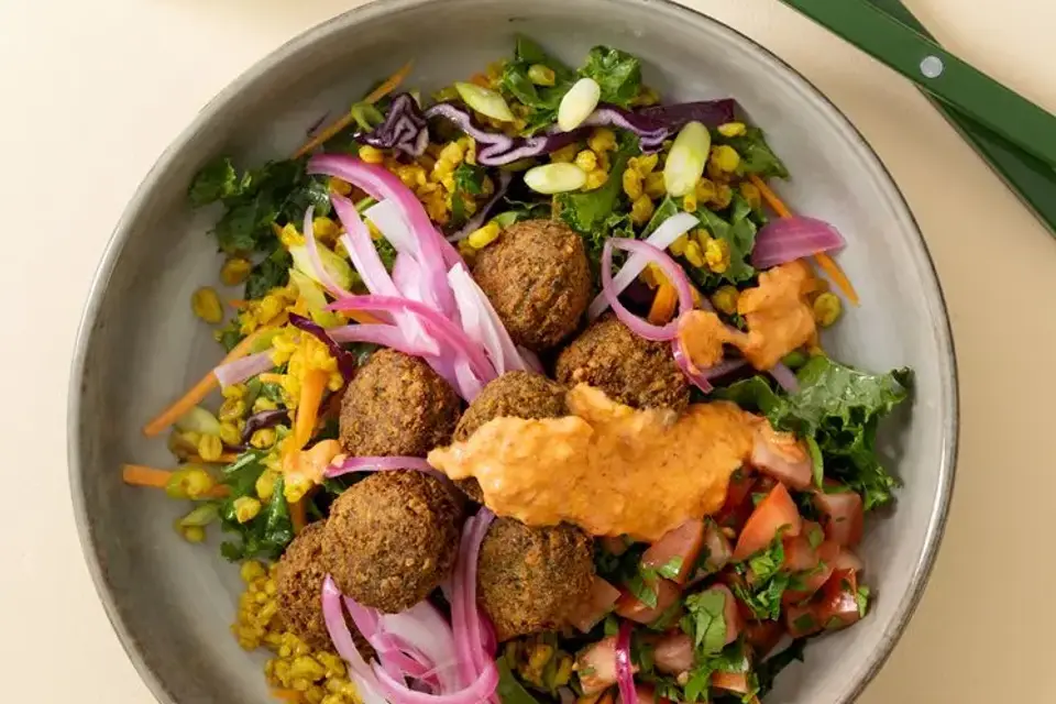 Falafel bowl med ajvar-yoghurt og lynsyltede rødløg — RetNemts eget foto