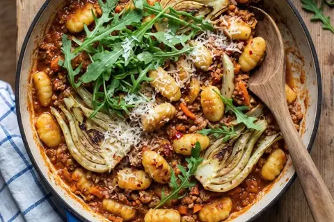 Pande med svinekød og gnocchi, ovnbagt fennikel og rucola