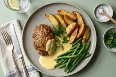 Græsk farsbrød m. kartoffelbåde, bearnaisesauce og grønne bønner