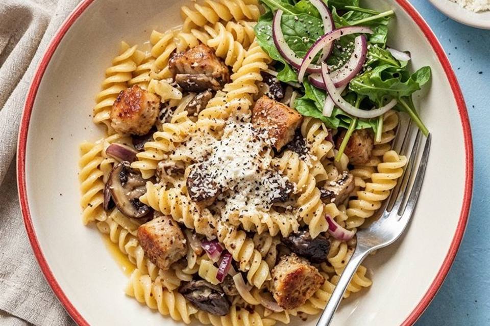Glutenfri pasta alla Norcina - Cremet pasta med markchampignon, trøffelolie og linquica — RetNemts eget foto