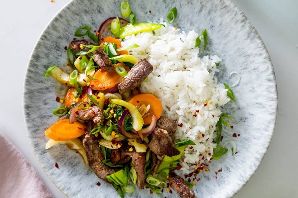 Oksestrimler i teriyaki med pak choy og grøntsager — RetNemts eget foto