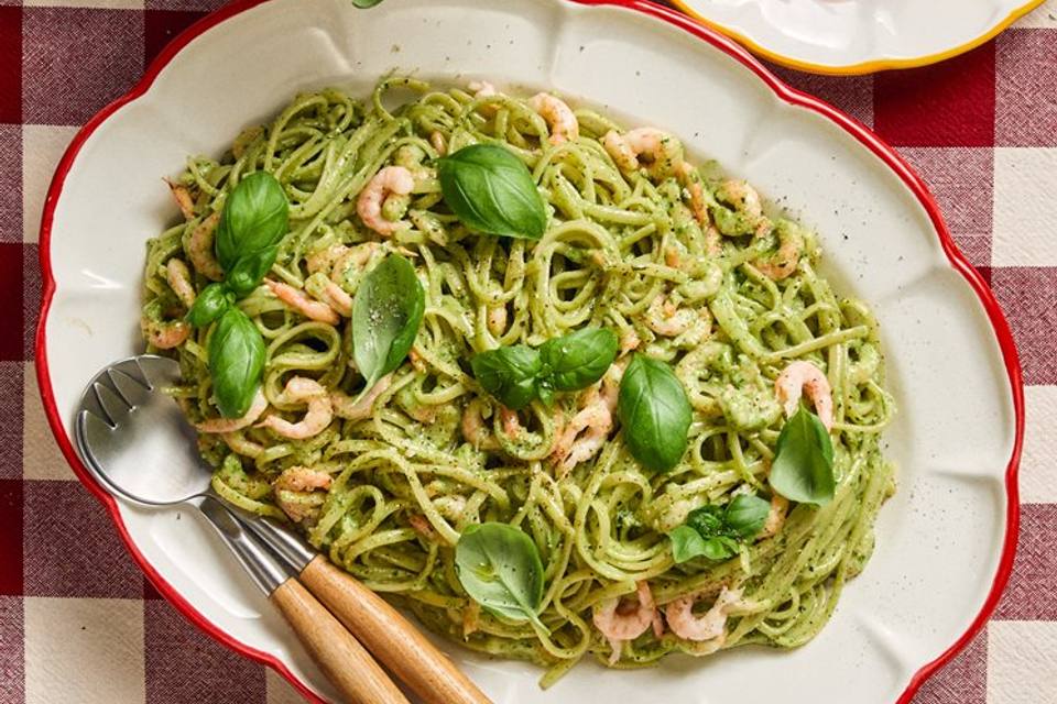 Linguine med basilikumpesto og rejer — RetNemts eget foto