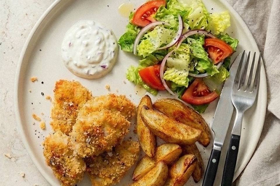 Crispy kylling med krydrede kartoffelbåde, hvidløgsyoghurt og salat — RetNemts eget foto